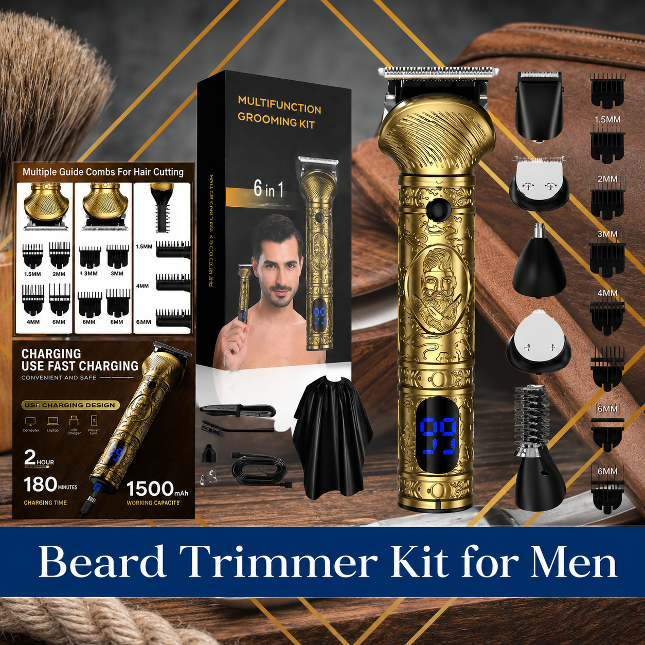 Kit recortador de barba para hombre: herramienta de cuidado profesional 6 en 1